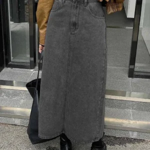 Leriya Fashion Women Front Slit Denim Straight Midi Skirt